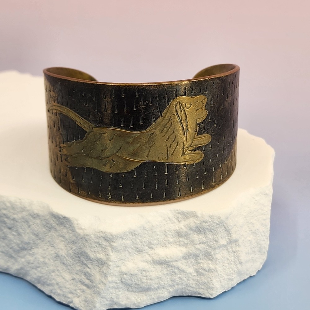 Vintage Brass Tone Lion Cuff Bracelet Wide Etched Tribal Boho Statement Gift